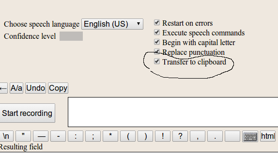 Transfer to clipboard checkbox