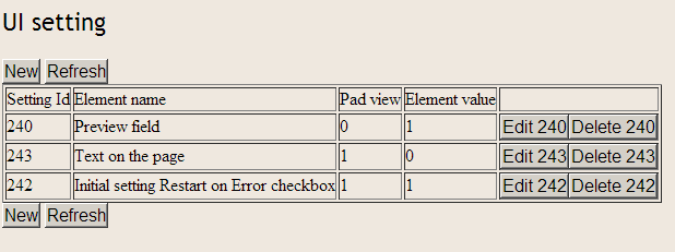 table of UI setting